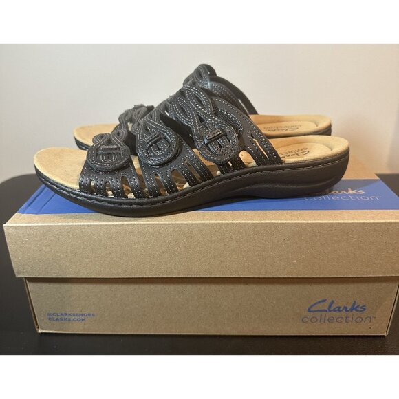 NIB Clarks Laurieann Ruby Women's Size 10 M Black Leather Sandals - Picture 1 of 11